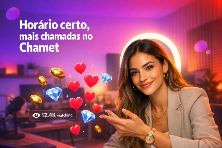 Criadora brasileira em home-studio com anéis de luz e elementos de live, mostrando o melhor horário para fazer live no Chamet e aumentar chamadas como chamet hostess.