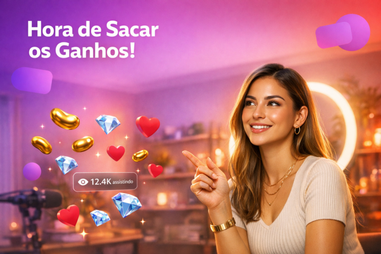 Criadora brasileira em um home-studio moderno mostra como sacar beans para dinheiro no Chamet via Metwallet, com elementos 3D de beans, corações e contador de espectadores; chamet hostess.