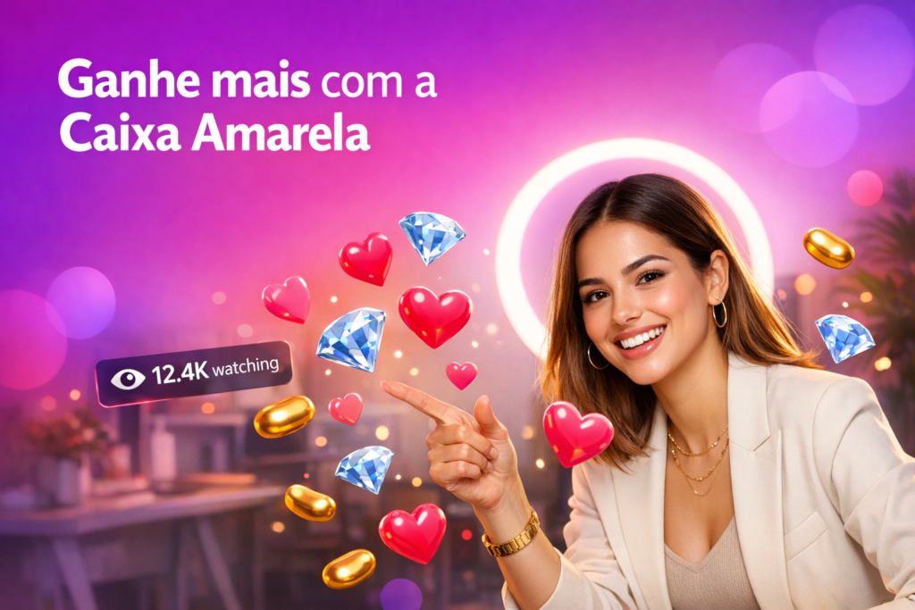 Criadora brasileira em home studio com items de beans, diamantes e corações flutuando, explicando presentes e ganhos extras no Chamet para quem quer virar chamet hostess.