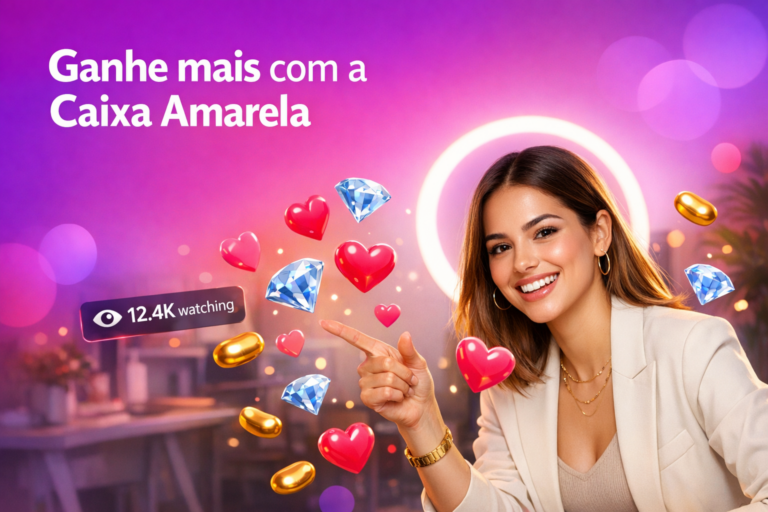 Criadora brasileira em home studio com items de beans, diamantes e corações flutuando, explicando presentes e ganhos extras no Chamet para quem quer virar chamet hostess.