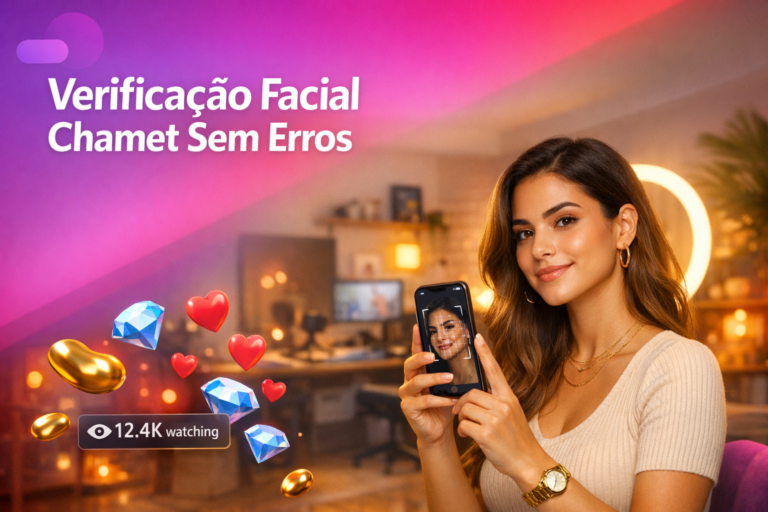 Criadora brasileira em home-studio moderno seguindo o processo de verificação facial Chamet no celular, com elementos 3D de live e ambiente de ring light, voltado para orientar a chamet hostess.