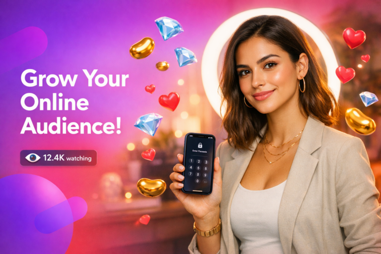 Jovem criadora brasileira em home-studio com ring light, segurando celular com tela de segurança e elementos flutuantes, ilustrando dicas de segurança de conta para chamet hostess.