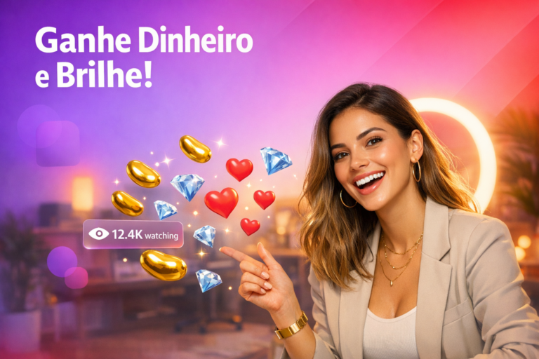 Jovem criadora brasileira em home-studio moderno com elementos flutuantes de beans, diamantes e corações, mostrando o potencial de ganhos e conversão de beans para USD como chamet hostess.