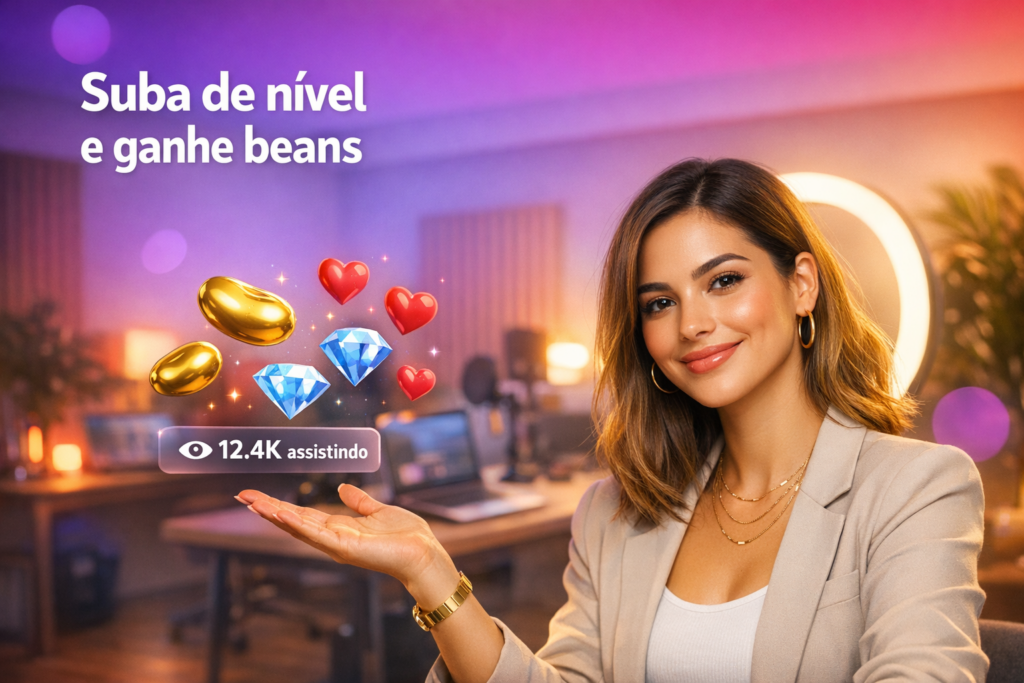 Jovem criadora brasileira em home-studio moderno explicando o sistema de níveis e o ranking mensal de beans para chamet hostess, com elementos 3D de live ao redor.