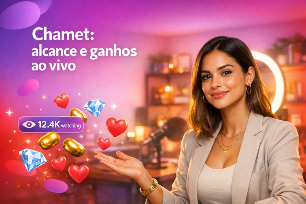 Criadora brasileira em home-studio moderno com elementos de live e contador de espectadores, explicando a visão geral da plataforma oficial para chamet hostess com foco em audiência e ganhos.