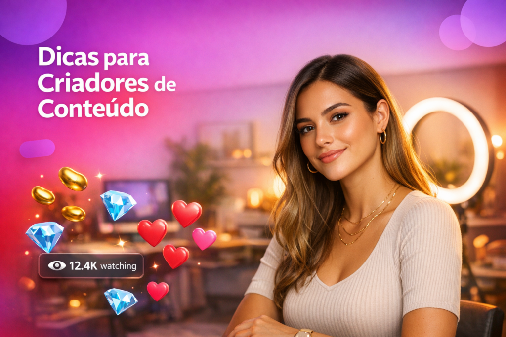 Imagem de uma criadora brasileira em home-studio moderno com elementos de live, ilustrando requisitos e regras para trabalhar como chamet hostess.