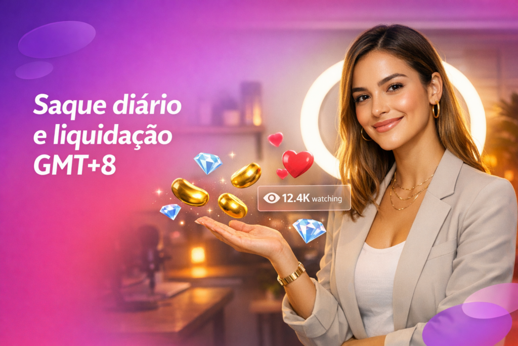 Criadora brasileira em estúdio moderno com elementos de live e guia visual sobre regras de saque para chamet hostess, conversão diária e liquidação às 24:00 GMT+8.