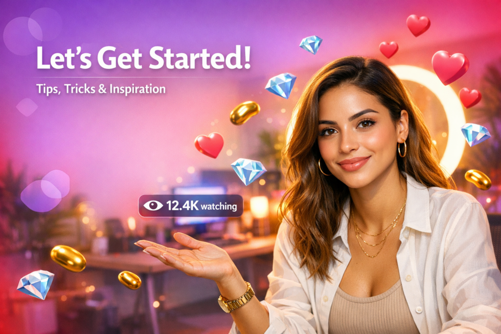 Criadora brasileira em home-studio com elementos de live e texto sobre diretrizes de live streaming Chamet para evitar penalidades, como uma chamet hostess.