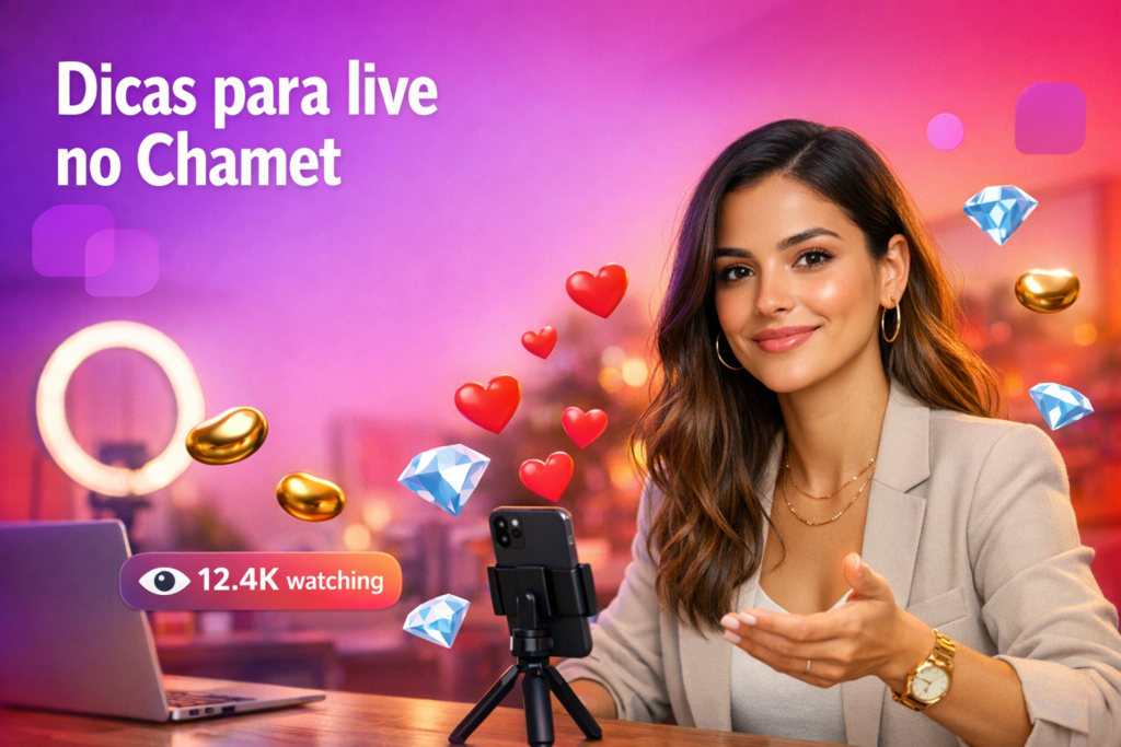 Criadora brasileira em home studio com ring light e elementos de live, ilustrando dicas de live streaming Chamet para iniciantes e como começar como chamet hostess.