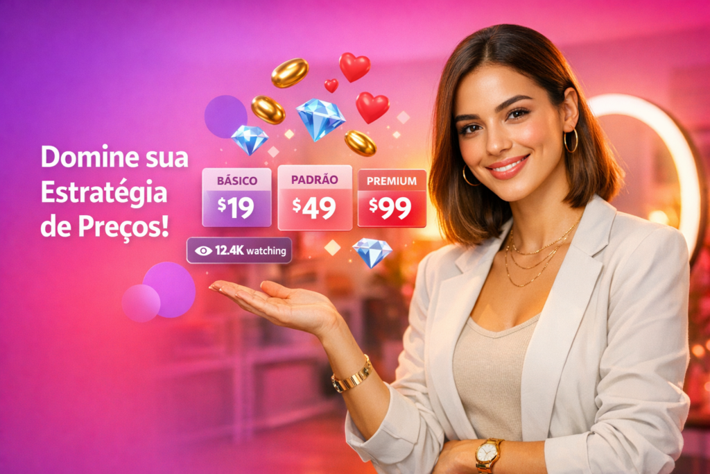 Criadora brasileira em home-studio moderno mostrando uma estratégia de preço para chamadas privadas Chamet por nível, com beans e elementos de live flutuando e referência a chamet hostess.