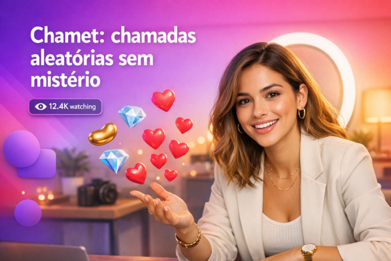 Creator brasileira em home studio moderno explica o sistema de chamadas aleatórias do Chamet, com ícones de live e destaque para ganhos como chamet hostess.
