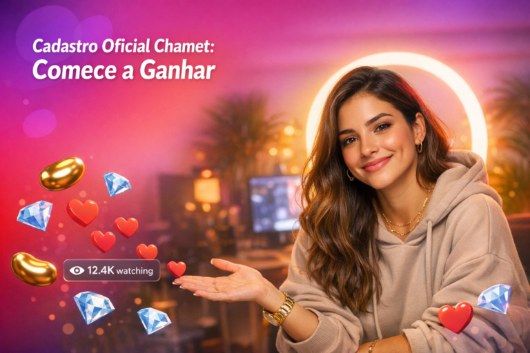 Jovem criadora brasileira em home-studio com ring light e elementos de live, destacando a plataforma de ganhos por videochamada Chamet e o cadastro oficial para começar a ganhar como chamet hostess.