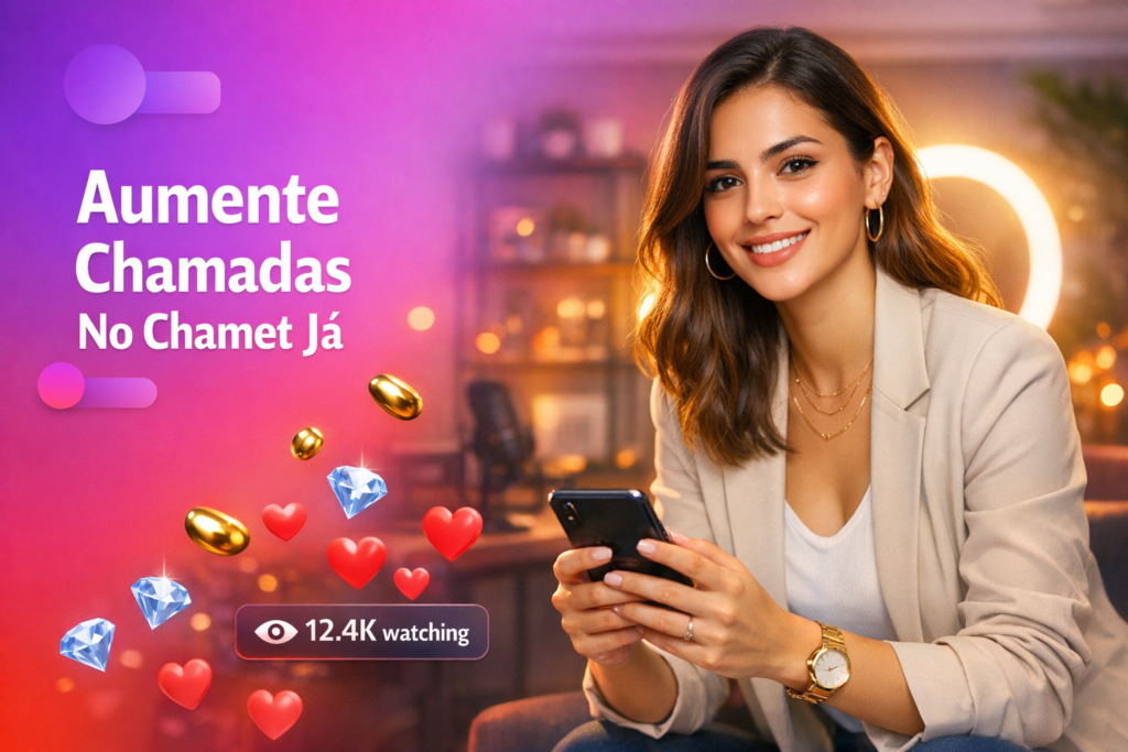 Criadora brasileira em home studio com elementos de live e dicas de como aumentar chamadas no Chamet, com destaque para capa atrativa e melhores horários; ideal para chamet hostess.