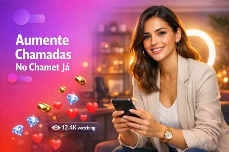 Criadora brasileira em home studio com elementos de live e dicas de como aumentar chamadas no Chamet, com destaque para capa atrativa e melhores horários; ideal para chamet hostess.