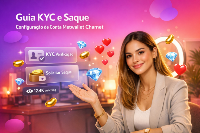 Criadora brasileira em home studio moderno aponta para elementos de UI flutuantes enquanto explica a configuração de conta Metwallet Chamet, verificação KYC e saque para o banco como chamet hostess.