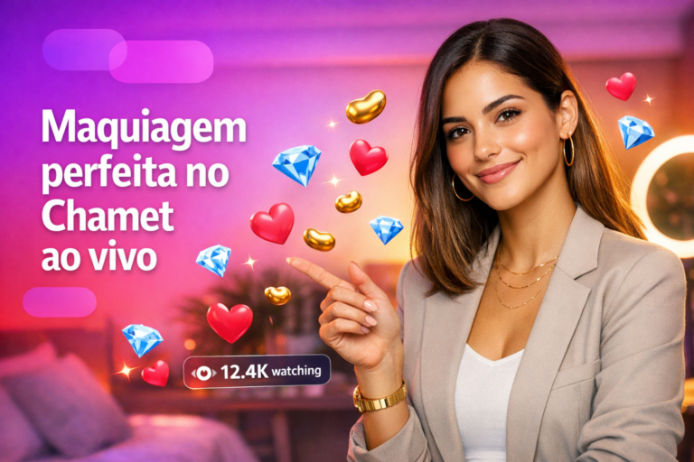Mulher brasileira em home-studio com ring light e efeitos de live, mostrando melhor maquiagem para streaming no Chamet com visual profissional e chamet hostess.
