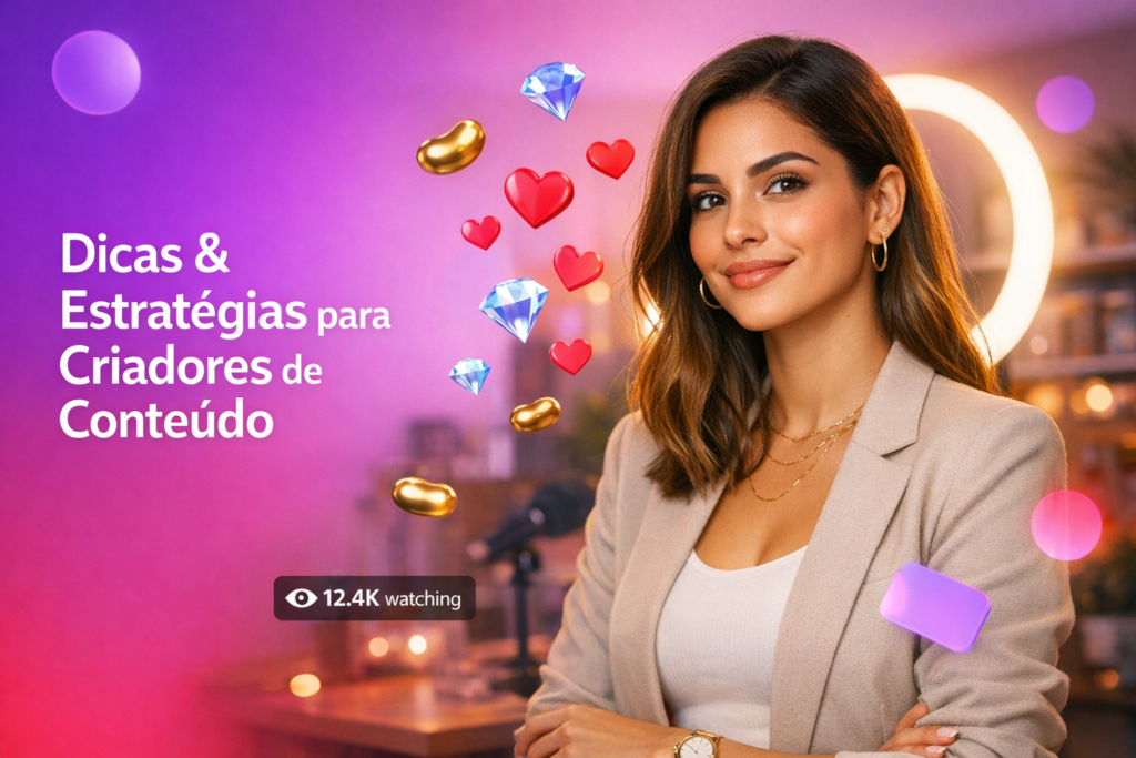 Jovem criadora brasileira em home-studio moderno com elementos de chat ao vivo enquanto mostra frases para iniciar conversa no Chamet e engajar, ideal para quem quer ser chamet hostess.