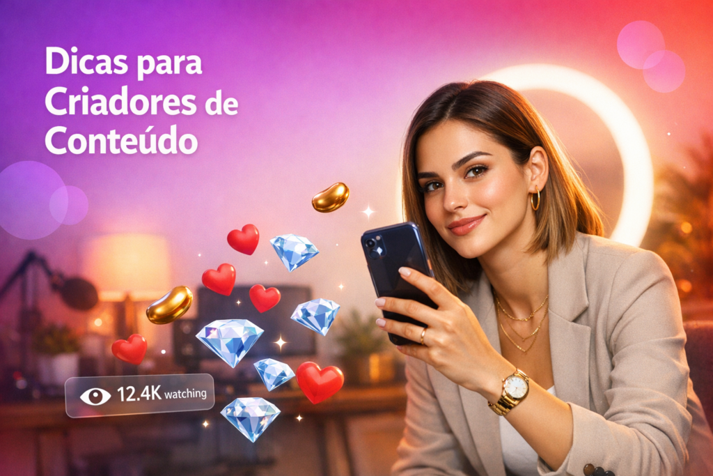 Jovem criadora brasileira em home-studio usando ring light e celular com dicas de verificação facial para anfitriãs Chamet, com elementos de live como corações e contador de espectadores (chamet hostess).