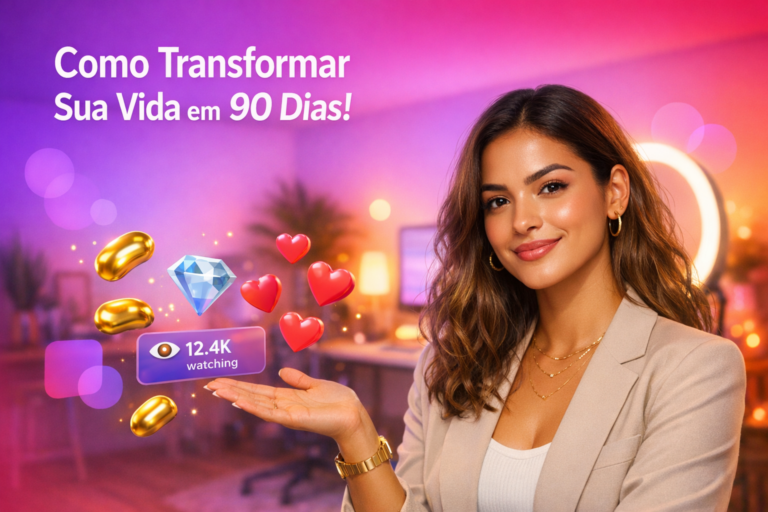 Jovem criadora brasileira em home-studio moderno com elementos de live e texto sobre a transição de chamet hostess para agente no Chamet em 90 dias.
