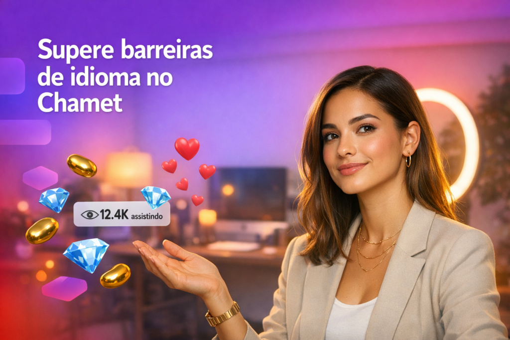 Criadora brasileira em home-studio moderno com ícones de live e elementos 3D, mostrando como uma chamet hostess pode lidar com barreiras de idioma no Chamet.
