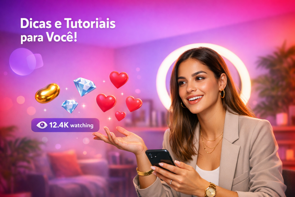 Criadora brasileira em home-studio ensinando transmissão em grupo para Chamet, com elementos de live, corações e contador de espectadores, em um guia para chamet hostess.