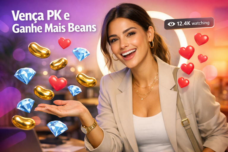 Jovem criadora brasileira em home-studio com elementos de live e moedas douradas, ilustrando estratégias de Batalha PK para anfitriãs Chamet e aumento de beans para chamet hostess.