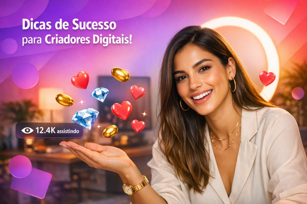 Jovem criadora brasileira em home-studio ao vivo, com feijões dourados e corações flutuando, mostrando como entreter convidados no Chamet como chamet hostess.