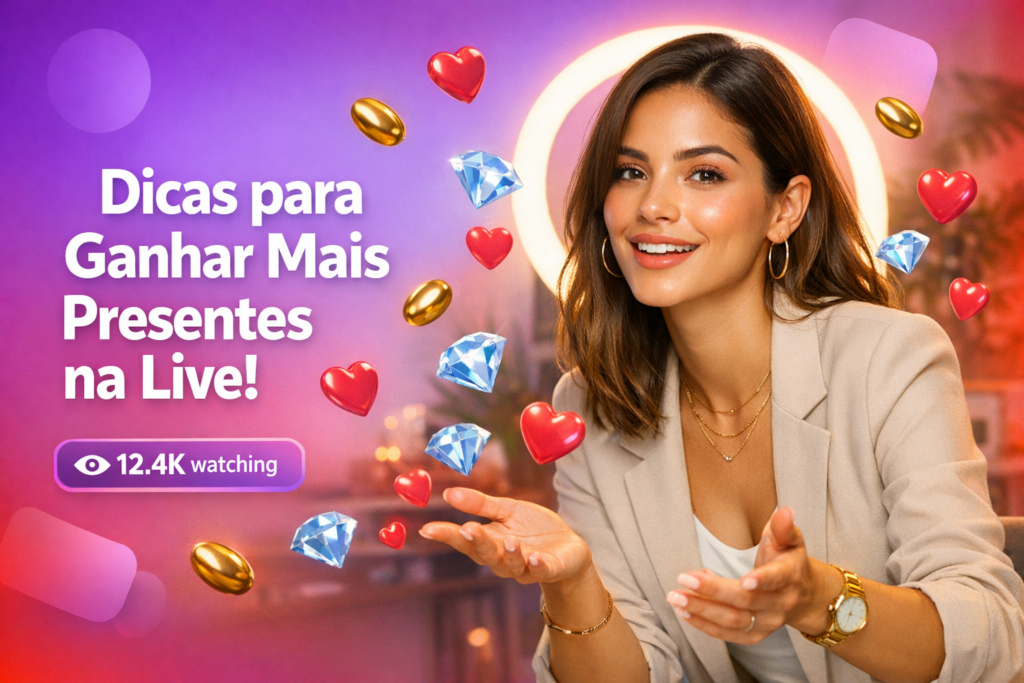 Criadora brasileira em home-studio com ícones de live e presentes digitais, ilustrando como receber mais presentes no Chamet e tornar-se chamet hostess.