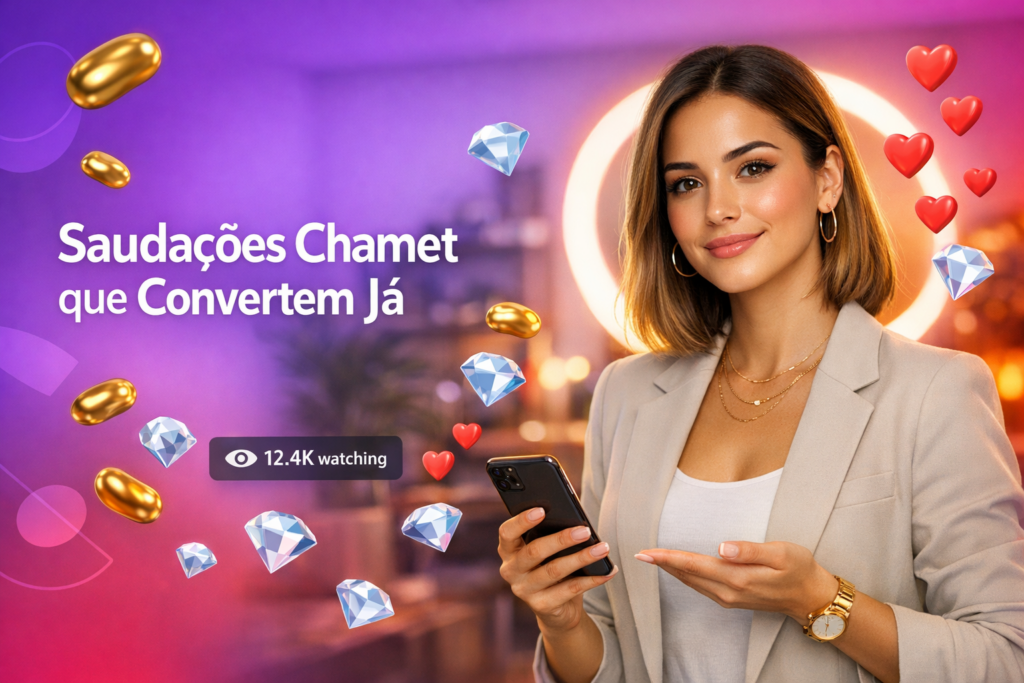 Criadora brasileira em home-studio com elementos de live e texto sobre Uso de palavras de saudação Chamet para conversão, estilo chamet hostess.