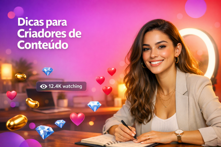 Criadora brasileira em home-studio planejando a rotina diária com elementos de live e dicas para manter consistência sem burnout como chamet hostess.