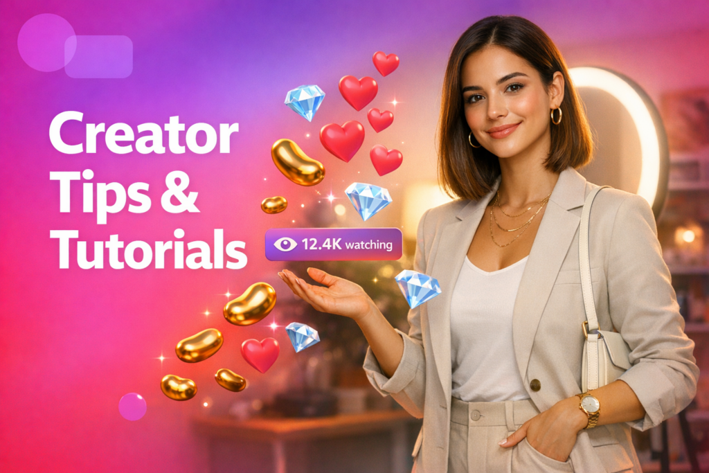 Anfitriã em home-studio moderno mostra Código de vestimenta para anfitriãs Chamet com elementos de live e dicas para evitar banimento; chamet hostess.