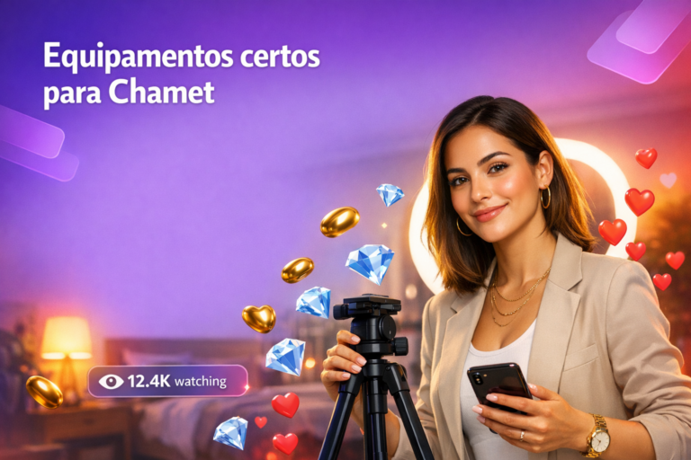 Criadora brasileira em home-studio com celular, fones e tripé, com elementos de live e dica de equipamentos para chamet hostess.