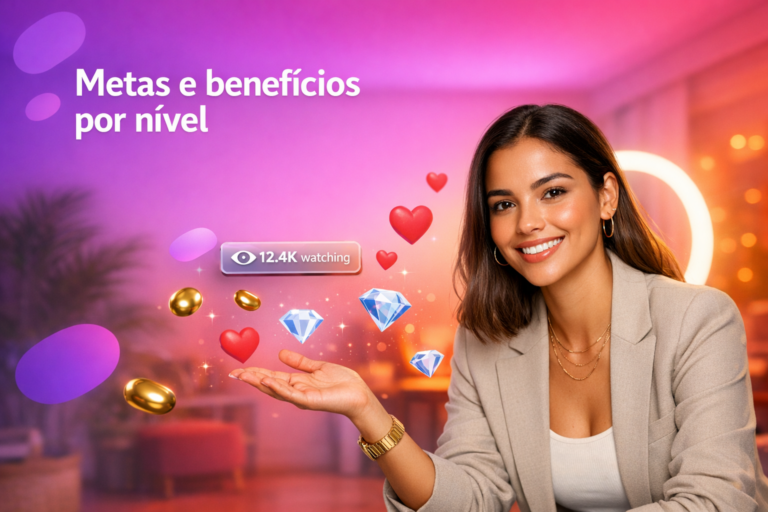 Criadora brasileira em home-studio com elementos de lives e ícones de beans explicando níveis, metas mensais e benefícios para chamet hostess.