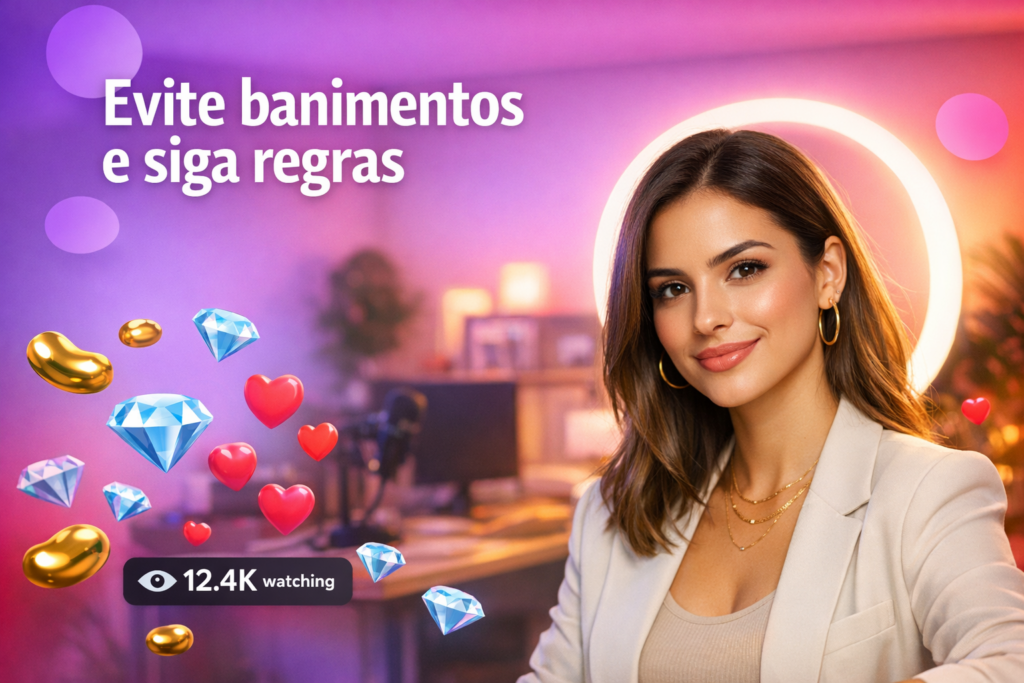 Criadora brasileira em home-studio com elementos de live e texto sobre regras e banimentos para chamet hostess, ajudando a evitar violações comuns.