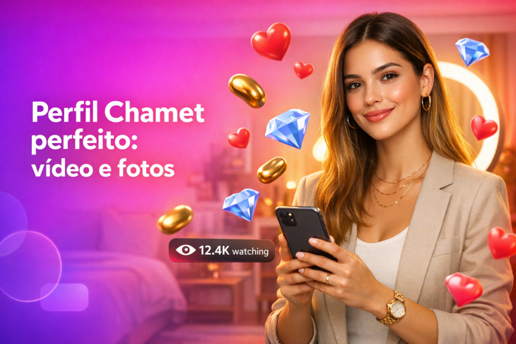 Jovem criadora brasileira em home-studio com ring light e elementos de live, com dicas para criar um ótimo perfil no Chamet com vídeo de introdução e fotos de qualidade para chamet hostess.