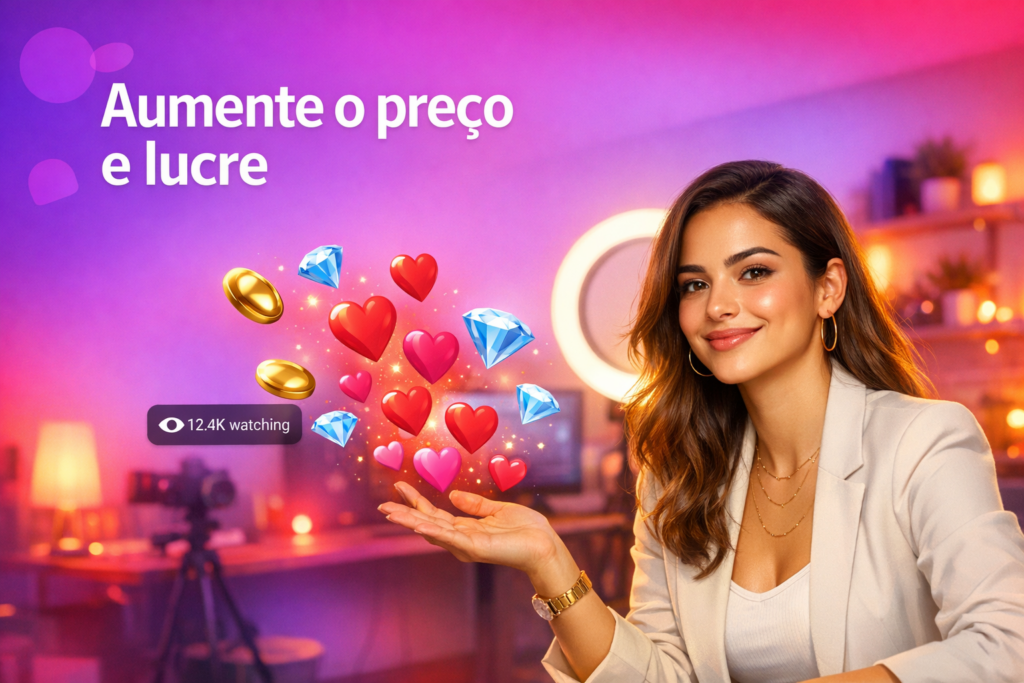 Criadora brasileira em home-studio ajustando o preço por minuto no Chamet, com beans e indicadores de live flutuando para ilustrar como aumentar receita como chamet hostess.