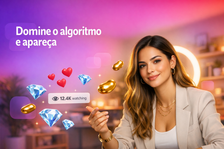Criadora brasileira em home-studio moderno com elementos de live e ícones flutuantes, ilustrando como entender o algoritmo do Chamet para aumentar visibilidade e ranking como chamet hostess.