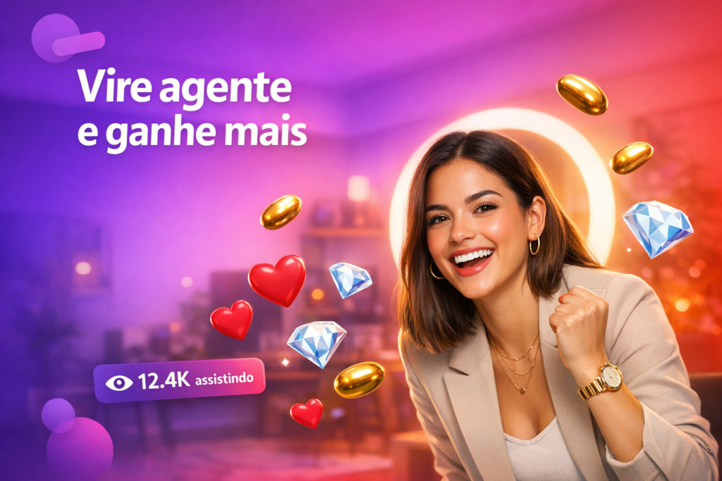 Jovem criadora brasileira em home studio moderno celebrando ganhos ao virar agente, com elementos de live e hearts ao redor, estilo chamet hostess.