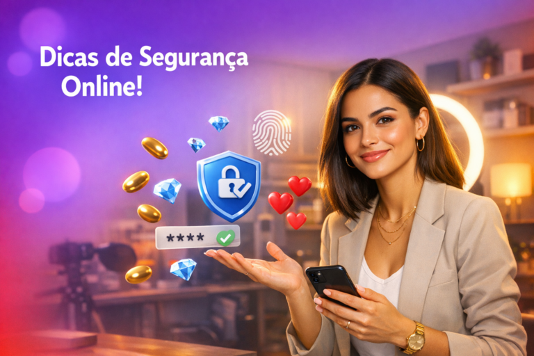 Jovem criadora brasileira em home-studio moderno com elementos de live e foco em privacidade, OTP e segurança para chamet hostess.