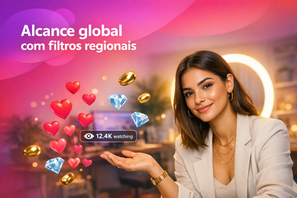 Jovem criadora brasileira em um home-studio moderno com elementos de live e destaque para filtros regionais no app Chamet, ajudando uma chamet hostess a ampliar o alcance global.