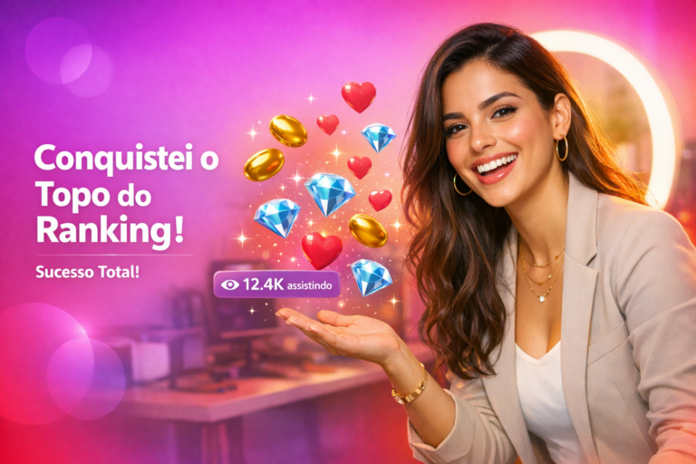 Jovem criadora brasileira em home-studio moderno celebra Pontos de ranking Charm Queen com ícones de lives, corações e prêmios, como chamet hostess.