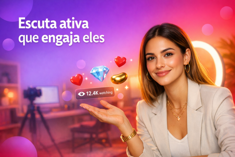 Criadora brasileira em home-studio com elementos de live, mostrando dicas para engajar usuários masculinos no Chamet com escuta ativa e simpatia como chamet hostess.