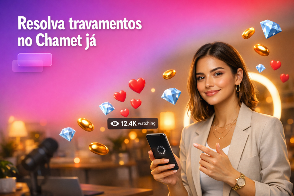 Jovem criadora brasileira em home-studio moderno mostrando dicas para resolver travamentos no app Chamet, com elementos de live ao fundo para chamar atenção de chamet hostess.