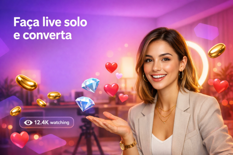 Jovem criadora brasileira em home-studio com ring light e elementos de live, mostrando como fazer live solo no Chamet e atrair público como chamet hostess.