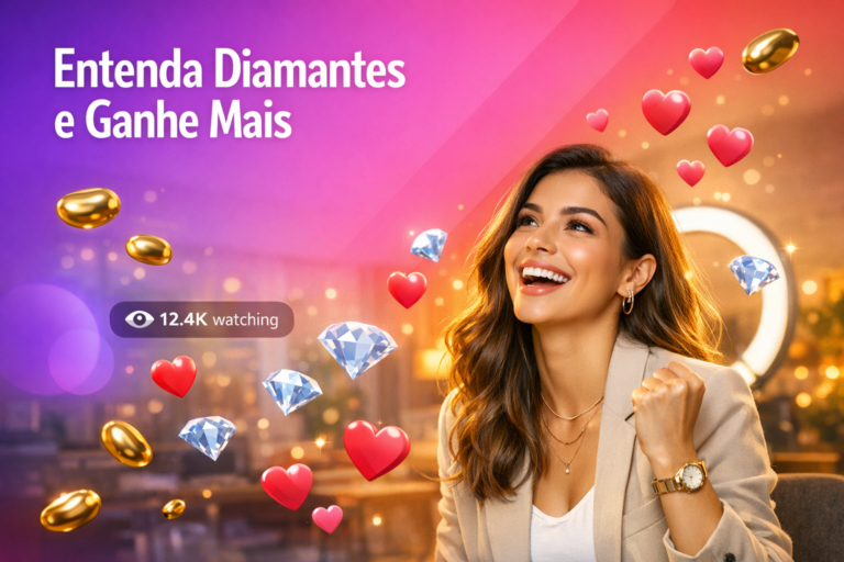 Criadora brasileira em home studio com diamantes e beans flutuando, explicando como entender diamantes Chamet para usuários e aumentar ganhos com chamet hostess.