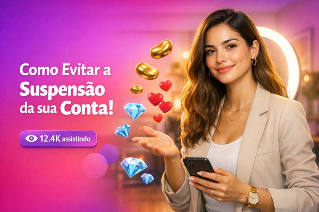 Criadora brasileira em home-studio com elementos de live e dicas para evitar a suspensão da conta, ideal para chamet hostess que quer seguir as regras.