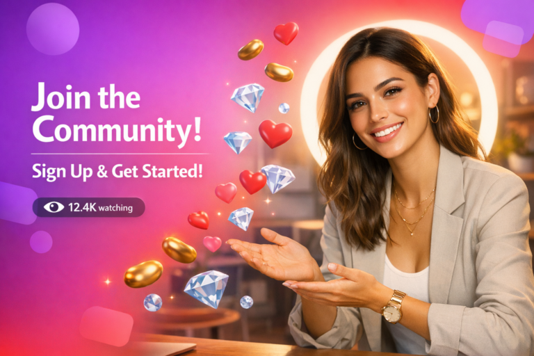 Jovem criadora brasileira em home-studio com elementos de live e convite para participar do Fórum e comunidade Chamet e fazer cadastro oficial, estilo chamet hostess.