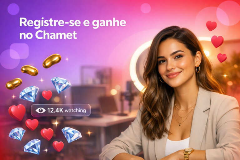 Criadora brasileira em home studio com elementos de live e dicas de registro no Chamet para anfitriãs em Bangladesh, com UI de audiência e reações.