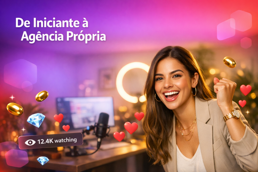 Jovem criadora brasileira em um home-studio moderno com itens de live e elementos flutuantes, ilustrando a carreira de chamet hostess do cadastro inicial até ter agência própria.