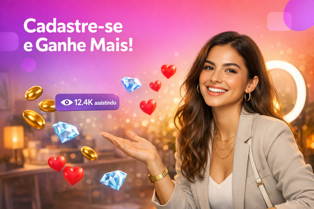 Jovem criadora em home-studio com elementos de live e foco em ganhos de hostess Chamet no Peru, mostrando como se cadastrar e aumentar a renda como chamet hostess.